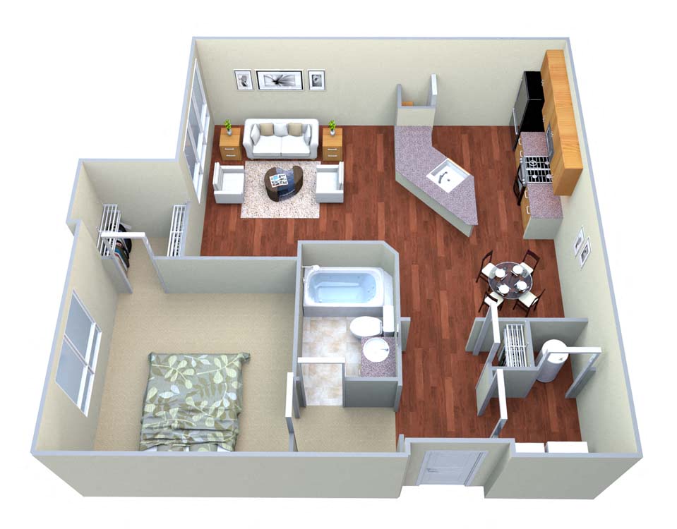Floor plan for 1 bed, 1 bath, 793 sqft